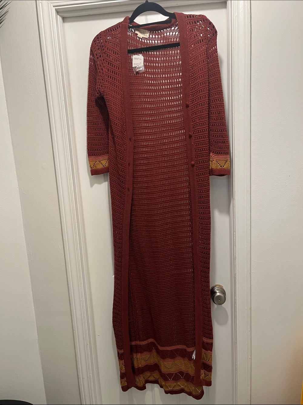 Forever 21 Rust Open-Weave Maxi Cardigan with Yellow Trim